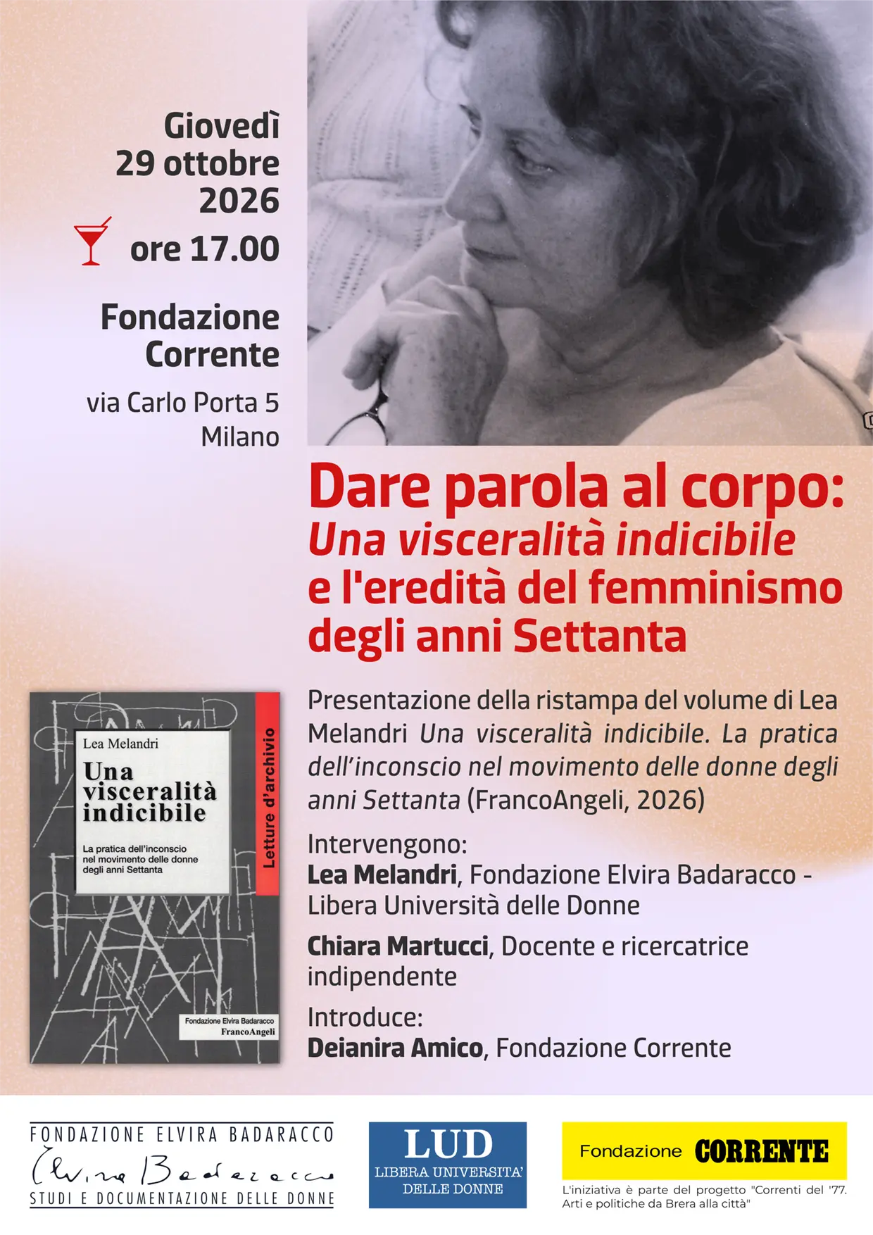 Poster for the presentation of the reprint of Lea Melandri's book Una visceralità indicibile. La pratica dell'inconscio nel movimento delle donne degli anni Settanta
